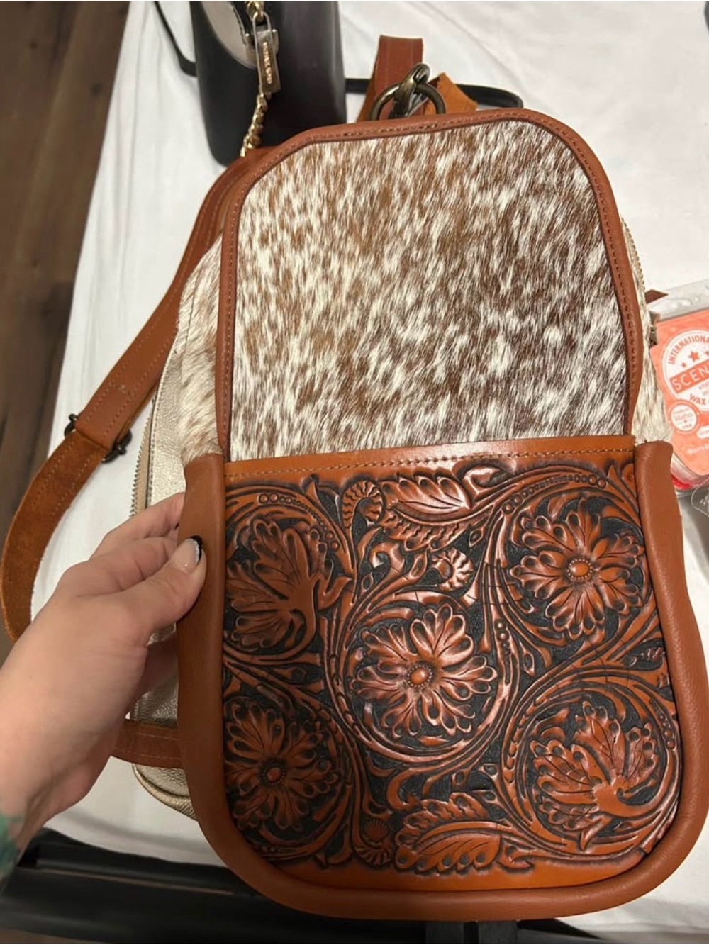 Custom Hand-Tooled Leather Crossbody Bag with Hair-On Hide - Brown/White